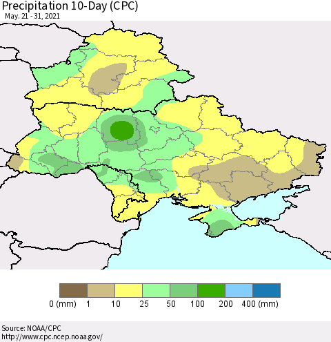 Ukraine, Moldova and Belarus Precipitation 10-Day (CPC) Thematic Map For 5/21/2021 - 5/31/2021