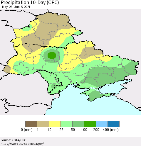 Ukraine, Moldova and Belarus Precipitation 10-Day (CPC) Thematic Map For 5/26/2021 - 6/5/2021