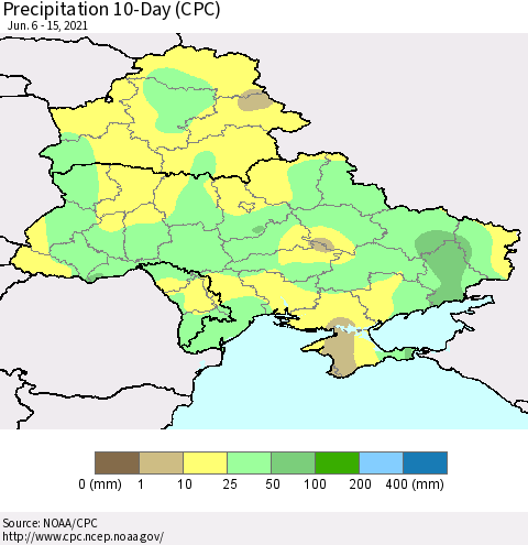 Ukraine, Moldova and Belarus Precipitation 10-Day (CPC) Thematic Map For 6/6/2021 - 6/15/2021