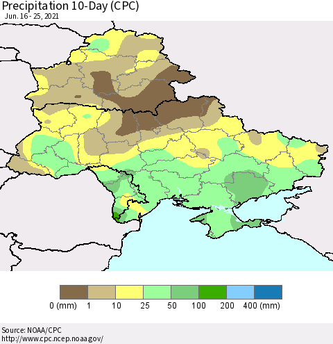 Ukraine, Moldova and Belarus Precipitation 10-Day (CPC) Thematic Map For 6/16/2021 - 6/25/2021
