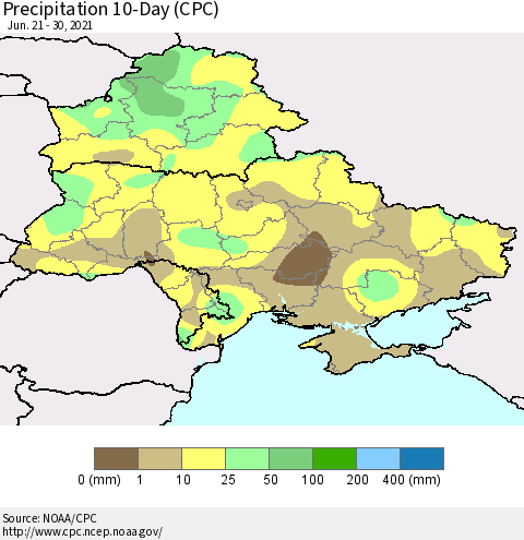 Ukraine, Moldova and Belarus Precipitation 10-Day (CPC) Thematic Map For 6/21/2021 - 6/30/2021