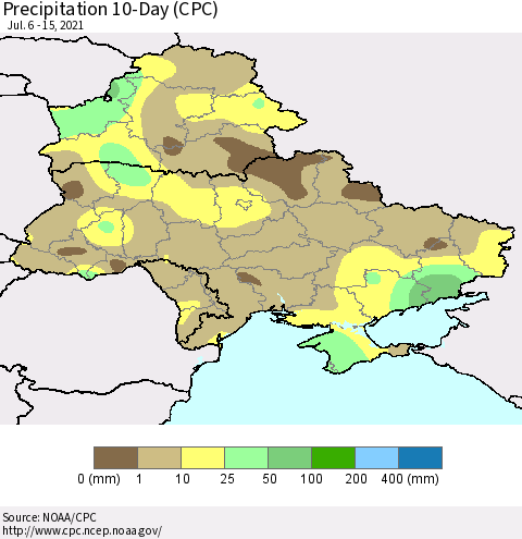 Ukraine, Moldova and Belarus Precipitation 10-Day (CPC) Thematic Map For 7/6/2021 - 7/15/2021