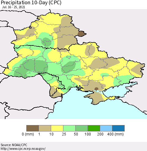 Ukraine, Moldova and Belarus Precipitation 10-Day (CPC) Thematic Map For 7/16/2021 - 7/25/2021