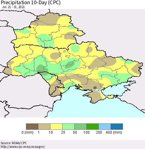 Ukraine, Moldova and Belarus Precipitation 10-Day (CPC) Thematic Map For 7/21/2021 - 7/31/2021