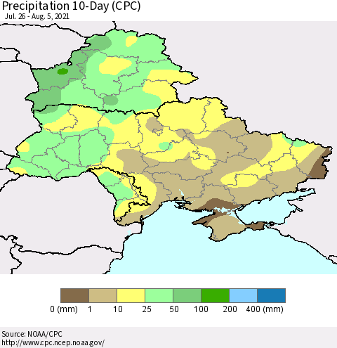 Ukraine, Moldova and Belarus Precipitation 10-Day (CPC) Thematic Map For 7/26/2021 - 8/5/2021