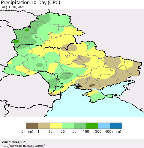 Ukraine, Moldova and Belarus Precipitation 10-Day (CPC) Thematic Map For 8/1/2021 - 8/10/2021