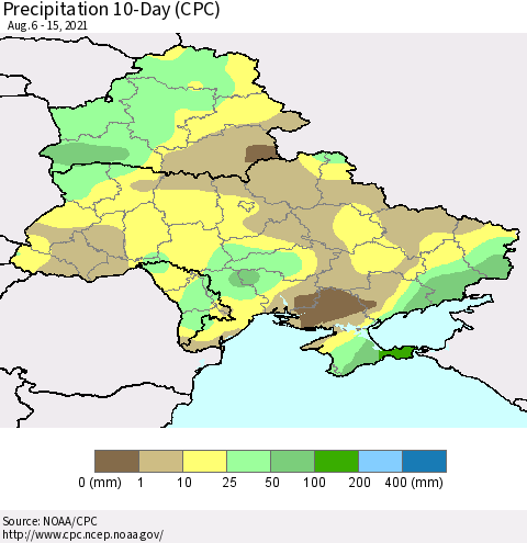 Ukraine, Moldova and Belarus Precipitation 10-Day (CPC) Thematic Map For 8/6/2021 - 8/15/2021