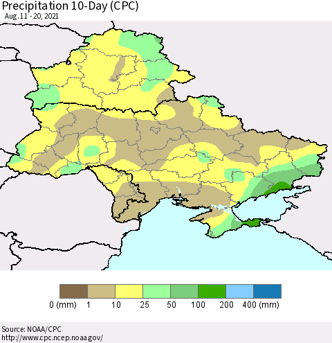 Ukraine, Moldova and Belarus Precipitation 10-Day (CPC) Thematic Map For 8/11/2021 - 8/20/2021