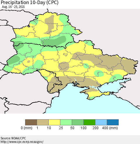 Ukraine, Moldova and Belarus Precipitation 10-Day (CPC) Thematic Map For 8/16/2021 - 8/25/2021