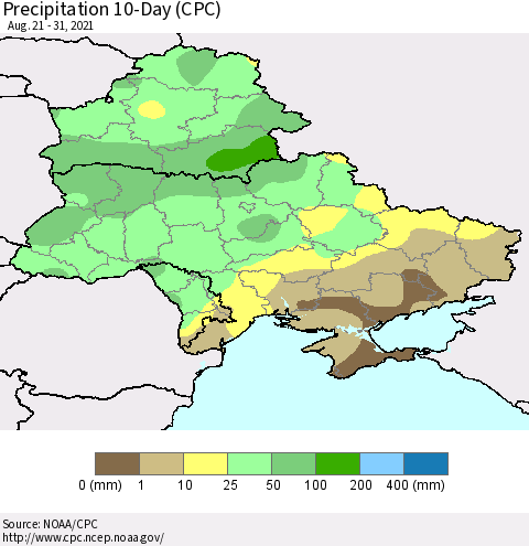 Ukraine, Moldova and Belarus Precipitation 10-Day (CPC) Thematic Map For 8/21/2021 - 8/31/2021
