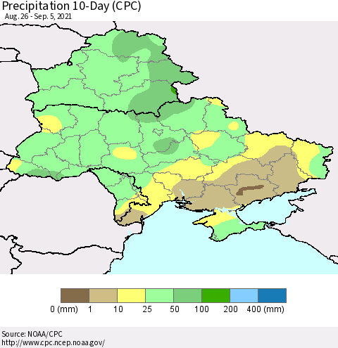 Ukraine, Moldova and Belarus Precipitation 10-Day (CPC) Thematic Map For 8/26/2021 - 9/5/2021