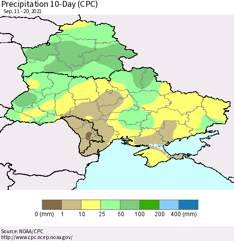 Ukraine, Moldova and Belarus Precipitation 10-Day (CPC) Thematic Map For 9/11/2021 - 9/20/2021