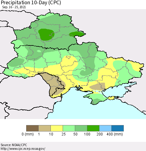 Ukraine, Moldova and Belarus Precipitation 10-Day (CPC) Thematic Map For 9/16/2021 - 9/25/2021