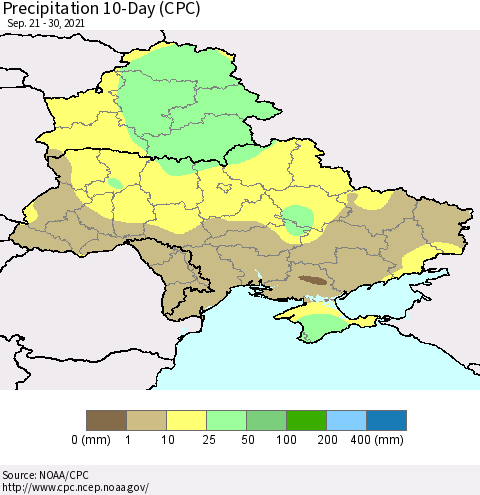 Ukraine, Moldova and Belarus Precipitation 10-Day (CPC) Thematic Map For 9/21/2021 - 9/30/2021