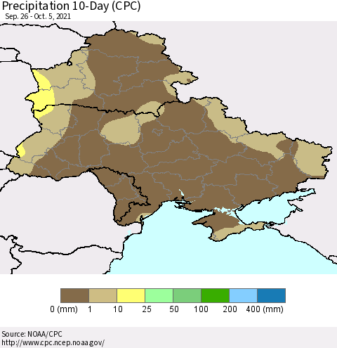 Ukraine, Moldova and Belarus Precipitation 10-Day (CPC) Thematic Map For 9/26/2021 - 10/5/2021