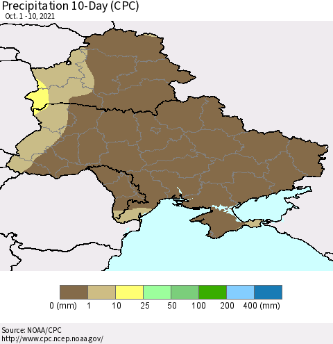 Ukraine, Moldova and Belarus Precipitation 10-Day (CPC) Thematic Map For 10/1/2021 - 10/10/2021