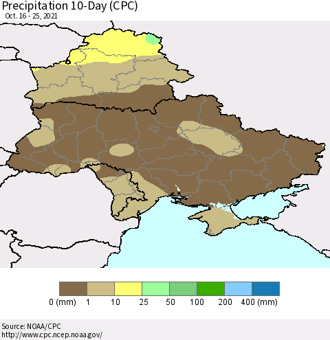 Ukraine, Moldova and Belarus Precipitation 10-Day (CPC) Thematic Map For 10/16/2021 - 10/25/2021