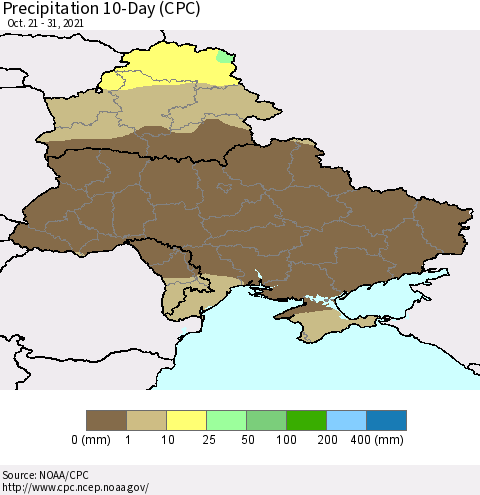 Ukraine, Moldova and Belarus Precipitation 10-Day (CPC) Thematic Map For 10/21/2021 - 10/31/2021