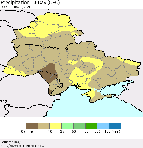 Ukraine, Moldova and Belarus Precipitation 10-Day (CPC) Thematic Map For 10/26/2021 - 11/5/2021