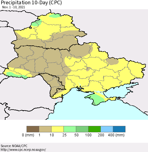 Ukraine, Moldova and Belarus Precipitation 10-Day (CPC) Thematic Map For 11/1/2021 - 11/10/2021