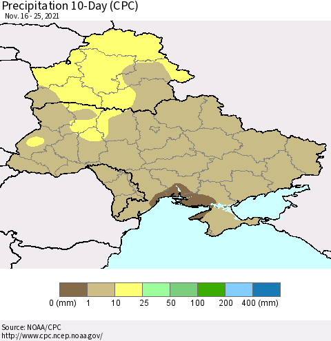 Ukraine, Moldova and Belarus Precipitation 10-Day (CPC) Thematic Map For 11/16/2021 - 11/25/2021