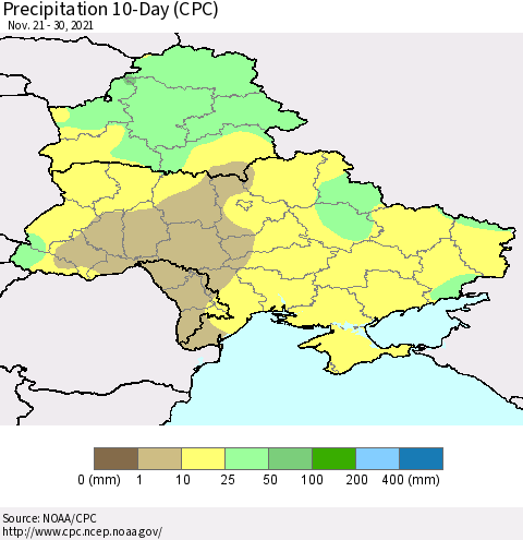 Ukraine, Moldova and Belarus Precipitation 10-Day (CPC) Thematic Map For 11/21/2021 - 11/30/2021