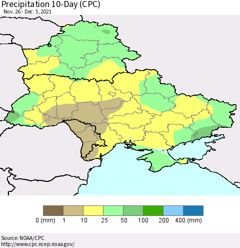 Ukraine, Moldova and Belarus Precipitation 10-Day (CPC) Thematic Map For 11/26/2021 - 12/5/2021