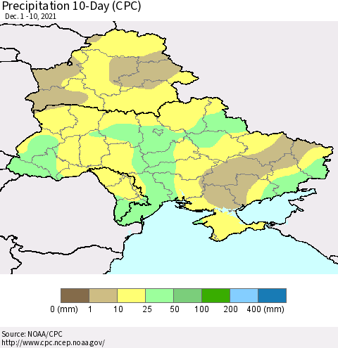 Ukraine, Moldova and Belarus Precipitation 10-Day (CPC) Thematic Map For 12/1/2021 - 12/10/2021