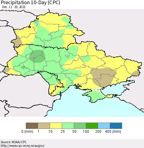 Ukraine, Moldova and Belarus Precipitation 10-Day (CPC) Thematic Map For 12/11/2021 - 12/20/2021