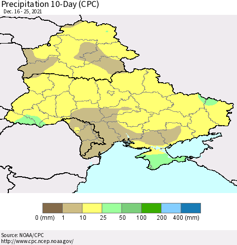 Ukraine, Moldova and Belarus Precipitation 10-Day (CPC) Thematic Map For 12/16/2021 - 12/25/2021
