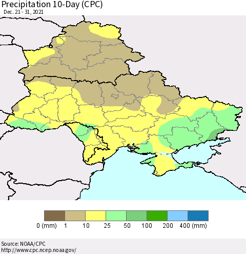 Ukraine, Moldova and Belarus Precipitation 10-Day (CPC) Thematic Map For 12/21/2021 - 12/31/2021