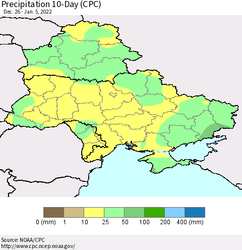 Ukraine, Moldova and Belarus Precipitation 10-Day (CPC) Thematic Map For 12/26/2021 - 1/5/2022