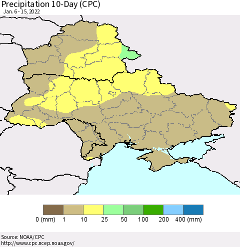 Ukraine, Moldova and Belarus Precipitation 10-Day (CPC) Thematic Map For 1/6/2022 - 1/15/2022