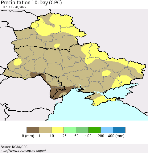 Ukraine, Moldova and Belarus Precipitation 10-Day (CPC) Thematic Map For 1/11/2022 - 1/20/2022
