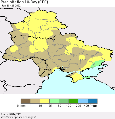 Ukraine, Moldova and Belarus Precipitation 10-Day (CPC) Thematic Map For 1/16/2022 - 1/25/2022