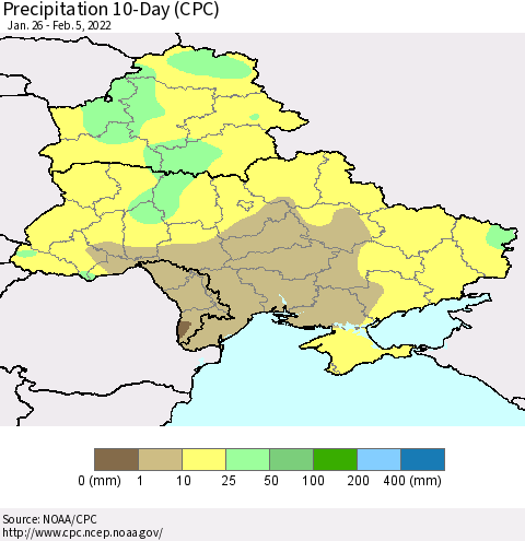 Ukraine, Moldova and Belarus Precipitation 10-Day (CPC) Thematic Map For 1/26/2022 - 2/5/2022