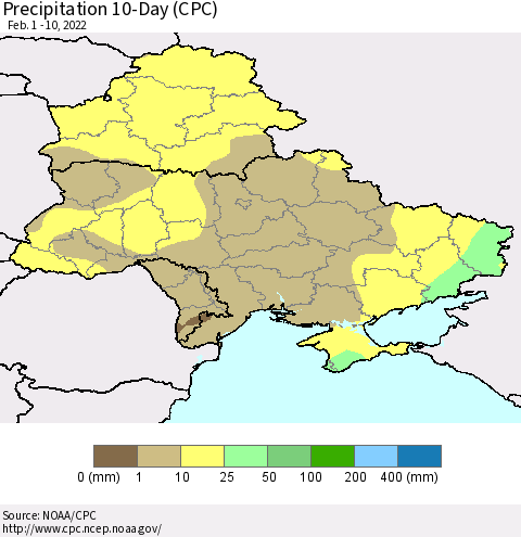 Ukraine, Moldova and Belarus Precipitation 10-Day (CPC) Thematic Map For 2/1/2022 - 2/10/2022