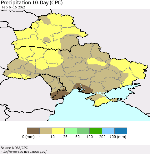 Ukraine, Moldova and Belarus Precipitation 10-Day (CPC) Thematic Map For 2/6/2022 - 2/15/2022