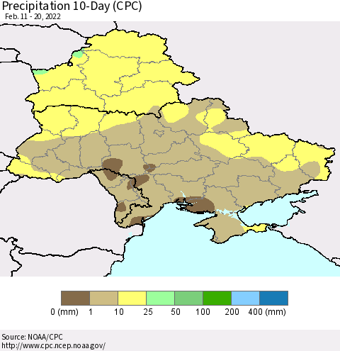 Ukraine, Moldova and Belarus Precipitation 10-Day (CPC) Thematic Map For 2/11/2022 - 2/20/2022