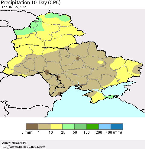Ukraine, Moldova and Belarus Precipitation 10-Day (CPC) Thematic Map For 2/16/2022 - 2/25/2022
