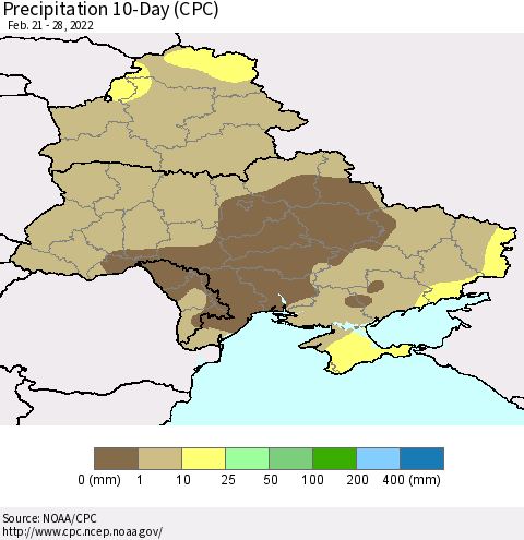 Ukraine, Moldova and Belarus Precipitation 10-Day (CPC) Thematic Map For 2/21/2022 - 2/28/2022