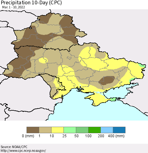Ukraine, Moldova and Belarus Precipitation 10-Day (CPC) Thematic Map For 3/1/2022 - 3/10/2022