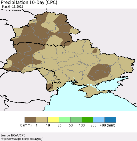 Ukraine, Moldova and Belarus Precipitation 10-Day (CPC) Thematic Map For 3/6/2022 - 3/15/2022