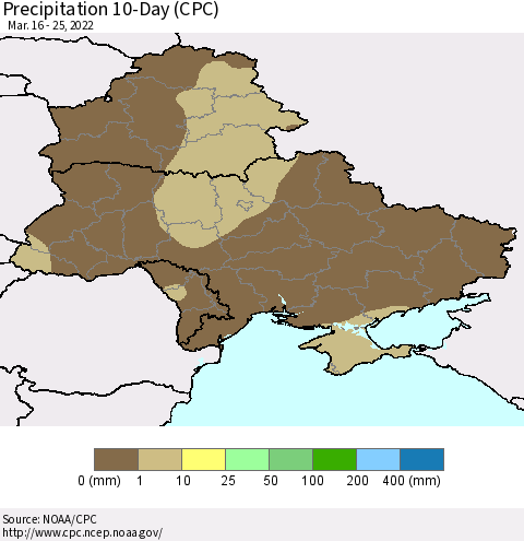 Ukraine, Moldova and Belarus Precipitation 10-Day (CPC) Thematic Map For 3/16/2022 - 3/25/2022