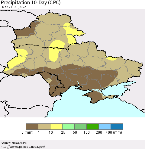 Ukraine, Moldova and Belarus Precipitation 10-Day (CPC) Thematic Map For 3/21/2022 - 3/31/2022