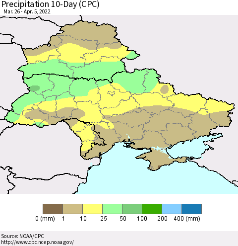 Ukraine, Moldova and Belarus Precipitation 10-Day (CPC) Thematic Map For 3/26/2022 - 4/5/2022
