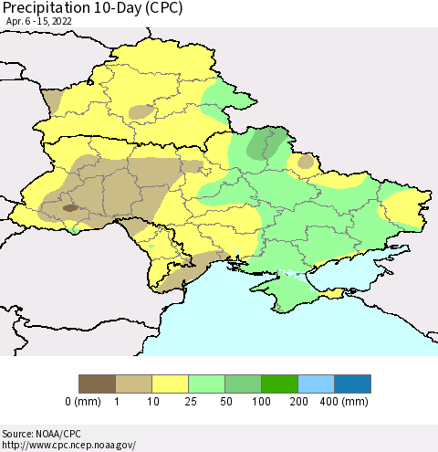 Ukraine, Moldova and Belarus Precipitation 10-Day (CPC) Thematic Map For 4/6/2022 - 4/15/2022