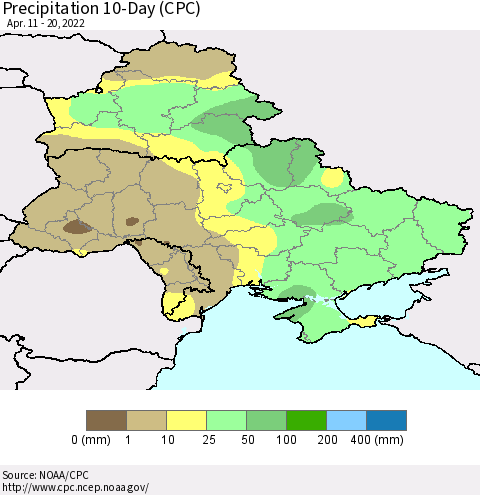 Ukraine, Moldova and Belarus Precipitation 10-Day (CPC) Thematic Map For 4/11/2022 - 4/20/2022