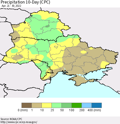 Ukraine, Moldova and Belarus Precipitation 10-Day (CPC) Thematic Map For 4/21/2022 - 4/30/2022
