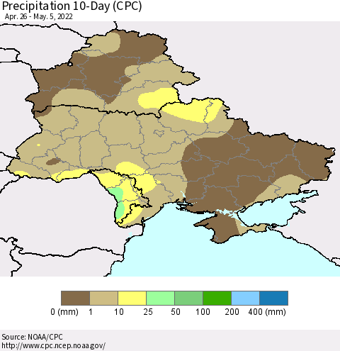 Ukraine, Moldova and Belarus Precipitation 10-Day (CPC) Thematic Map For 4/26/2022 - 5/5/2022